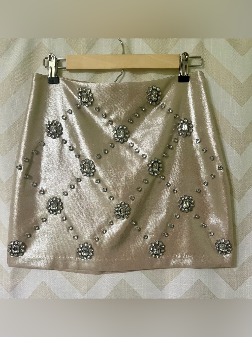 Express Metallic Champagne Mini Skirt with Crystal Embellishments